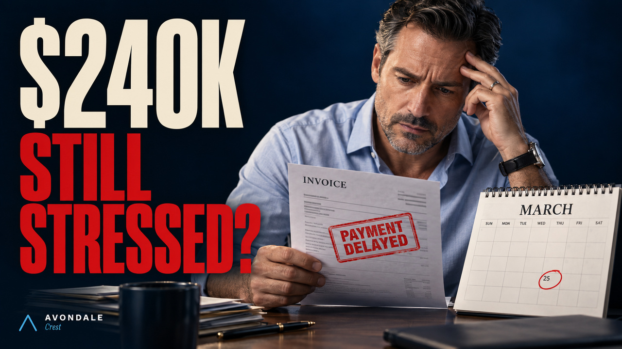 A stressed business owner examines a delayed-payment invoice beside a March calendar. Text: $240K. Still stressed?