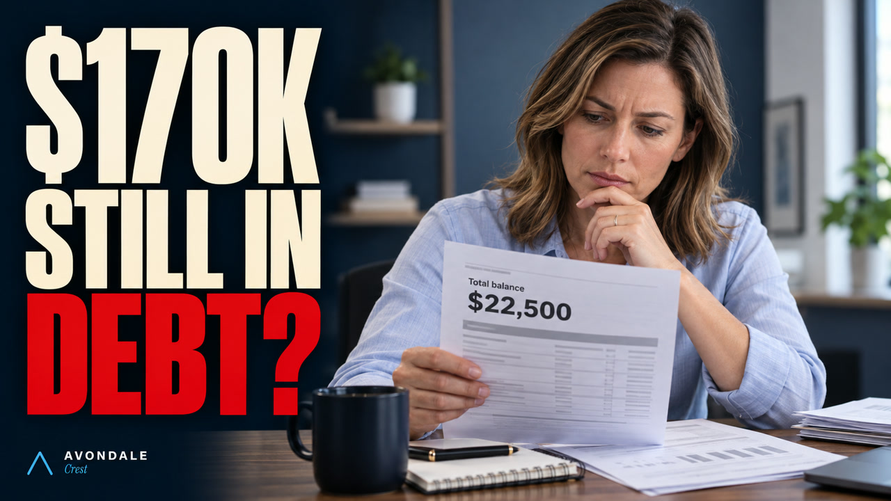 A woman examines a statement showing a $22,500 balance. Text: $170K. Still in debt?