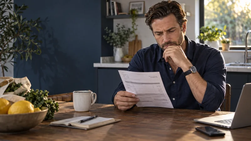 Illustrative borrower reviewing a bill at his kitchen table.
