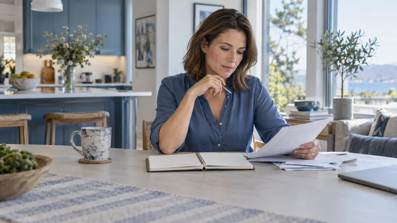 Illustrative borrower calmly reviewing her finances at home.