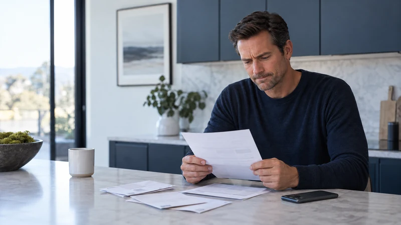 Illustrative Feeler reading a bill at his kitchen counter.