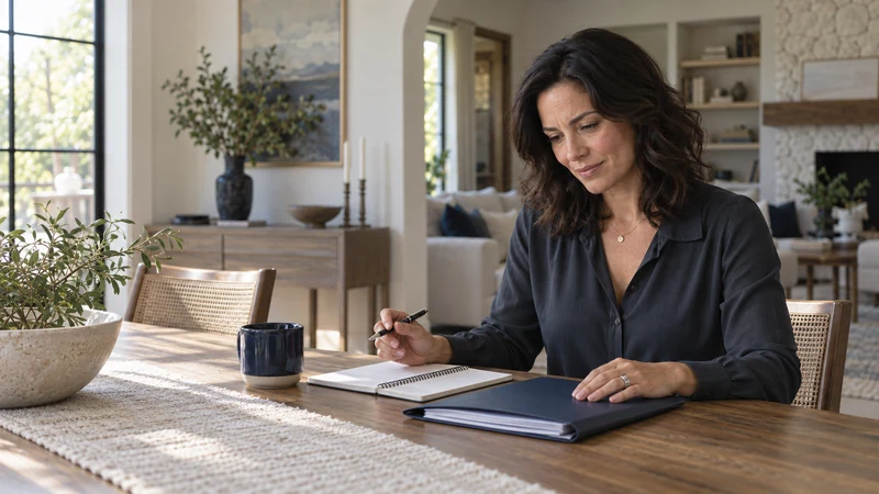 Illustrative Tracker reviewing her finances with a notebook at home.