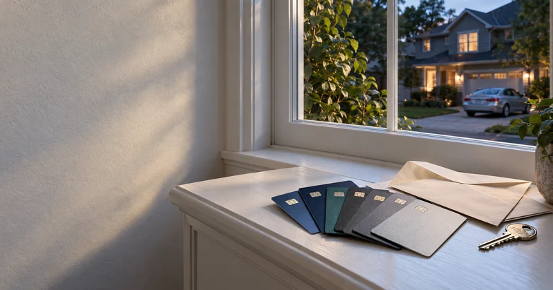 Seven credit cards, household bills and keys on a table, with a home and car outside.