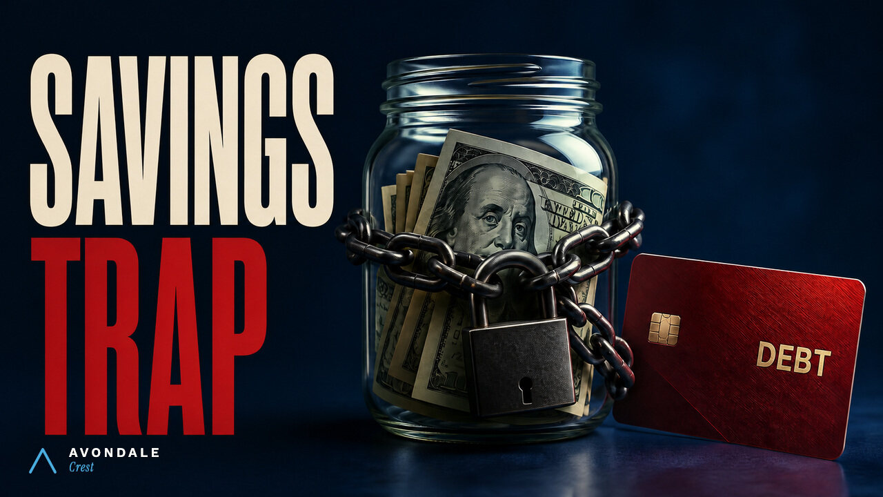A glass savings jar chained to a high-interest debt card, illustrating the tradeoff between saving and paying off debt.